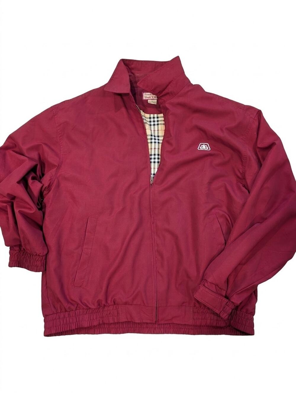 Vintage Monsanto Bomber Jacket XL Maroon Red Windbreaker Plaid Lined Harrington